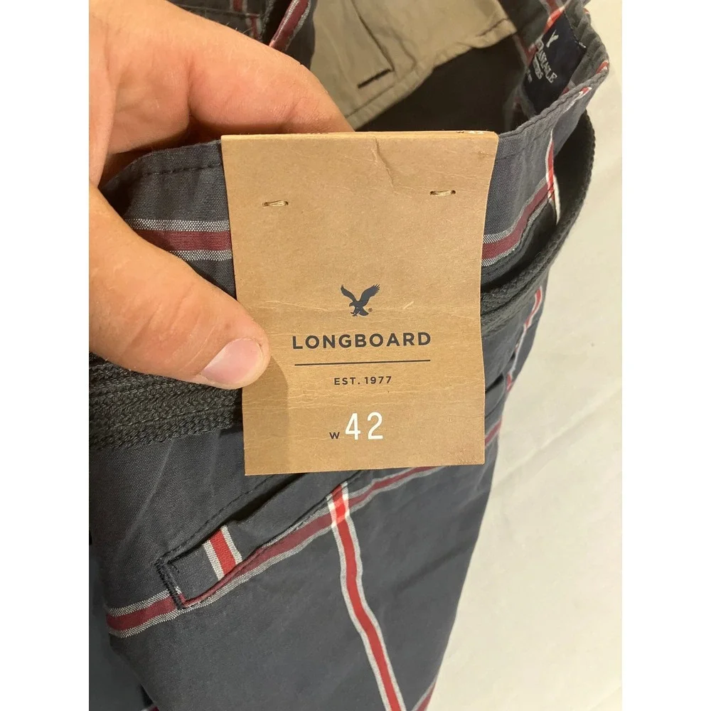 American Eagle Longboard‎ Plaid Shorts Mens 42 Navy Blue Red Belted New NWT